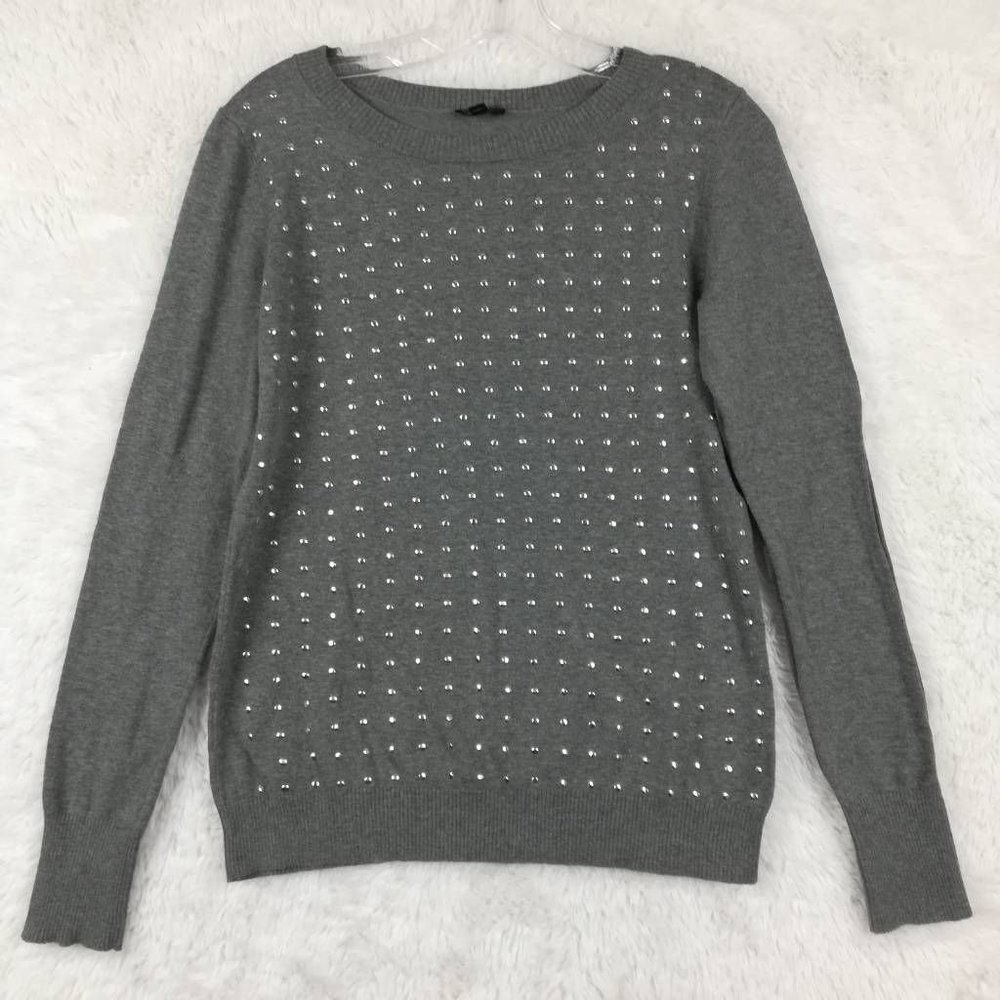 Express Womens Sweater ‎ Pullover Solid Gray Long Sleeve Round Neck Studded M
